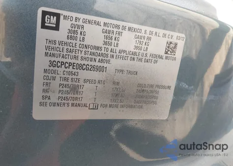 2012 Chevrolet Silverado 1500 Work Truck z USA, uszkodzony, nr VIN 3GCPCPE08CG269001